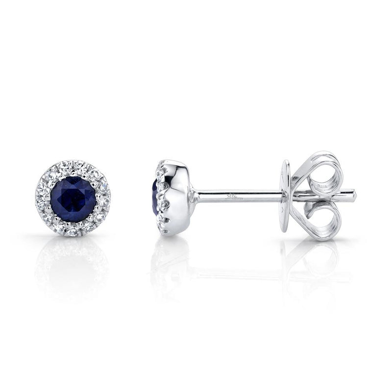 Shy Creation Blue Sapphire Diamond Halo Stud Earrings SC55002752