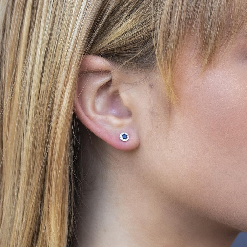 Shy Creation Blue Sapphire Diamond Halo Stud Earrings SC55002752